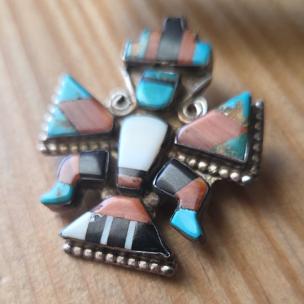 Vintage Zuni Turquoise and Sterling Silver Knifewing Pendant - Picture 7 of 7